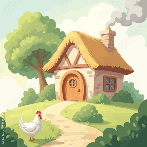 Charming cartoon cottage with a thatched roof and a chicken outside