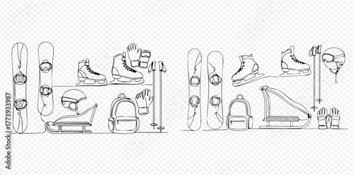 Continuous line art illustration of various winter sports and leisure equipment including snowboards, ice skates, sleds, helmets, and backpacks.