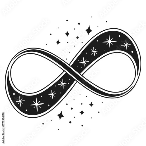 Black Infinity Symbol with Stars and Dots on White Background eternal endless