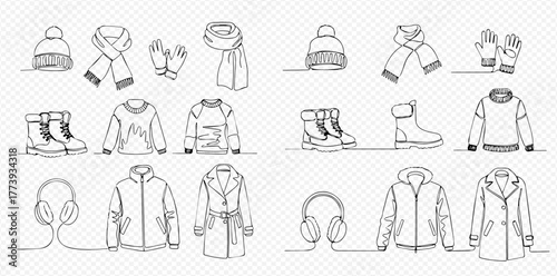 Continuous line art drawing of winter clothing and accessories collection, including hats, scarves, gloves, boots, sweaters, jackets, and coats.