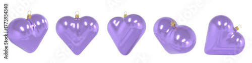 Elegant 3D vector set of glossy purple heart-shaped Christmas ornaments with golden caps. Perfect for luxury holiday designs, 3d render high-quality artwork, isolated.