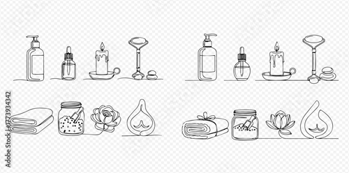 Minimalist continuous line art illustration of various spa, beauty, and wellness items for self-care and relaxation, including bottles, candles, and massage tools.