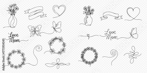 A collection of elegant continuous line art elements for Mother's Day, including flowers, hearts, butterflies, banners, and decorative frames.