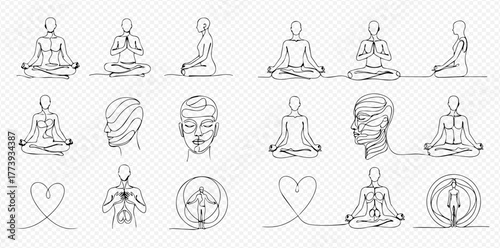 Minimalist continuous line art illustrations depicting various meditation and yoga poses, abstract human forms, and symbols of inner peace and well-being.