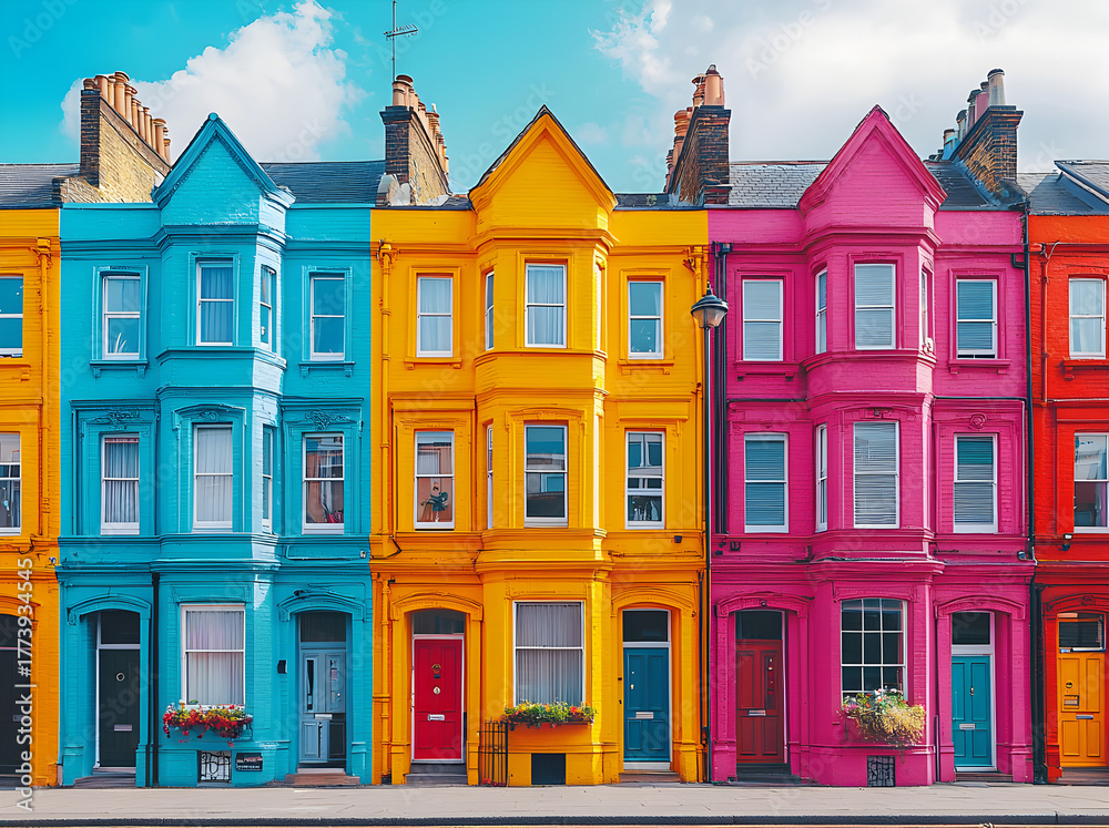 Fototapeta premium Vibrant urban landscape of Notting Hill, London, featuring colorful houses, neat symmetry, and minimalist architectural beauty in soft sunlight.
