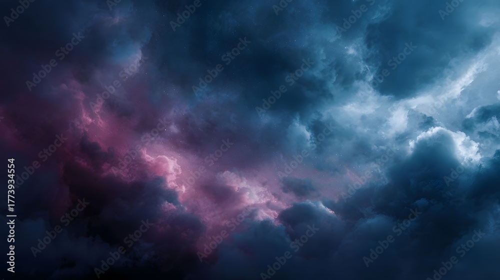 Obraz premium Dramatic twilight sky with pink and blue illuminated storm clouds