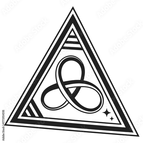 Triangle with interwoven loops and stars on white background symbol