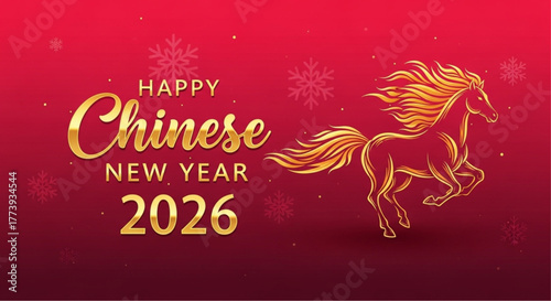A vibrant festive illustration celebrating the Chinese New Year featuring an elegant golden horse in motion and embellished with delicate snowflakes against a rich red background. vector illustration