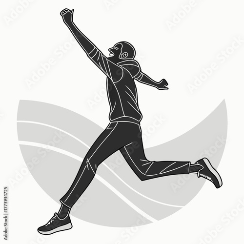 Joyful Man in Athletic Wear Leaping with Arms Raised on Abstract Background jumping