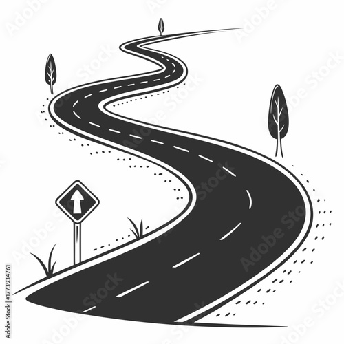 Winding Road Illustration with Trees and Direction Sign Keywords: road, winding, path, journey