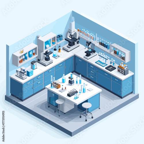Detailed isometric modern science laboratory with microscopes beakers and blue cabinets.