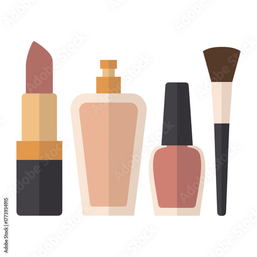 Cosmetic Essentials for Beauty Regimen Lipstick Perfume Nail Polish Brush Isolated on White Simple and Elegant Still Life Composition