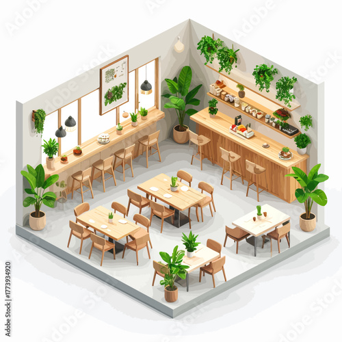 Cozy Isometric Cafe Interior with Wooden Furniture and Lush Green Plants.