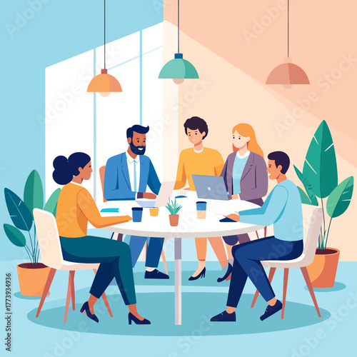 Diverse group of professionals collaborating around a modern meeting table.