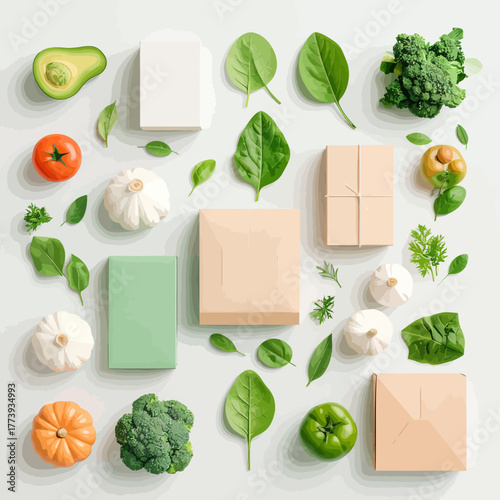 Fresh Vegetables and Tofu Blocks Arranged in a Square Pattern on White Background.