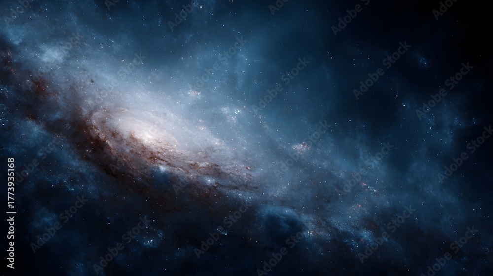 Fototapeta premium Vibrant spiral galaxy with luminous arms and a bright central core set against a vast star speckled cosmic expanse
