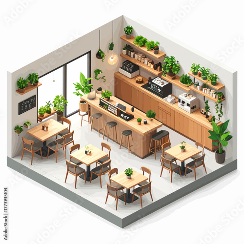 Isometric View of Modern Cafe Interior with Wooden Furniture and Greenery Decorations.