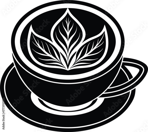Coffee cup top view leaf latte art flat vector silhouette