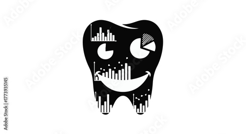 Abstract tooth illustration with data charts and graphs symbolizing dental health analysis.