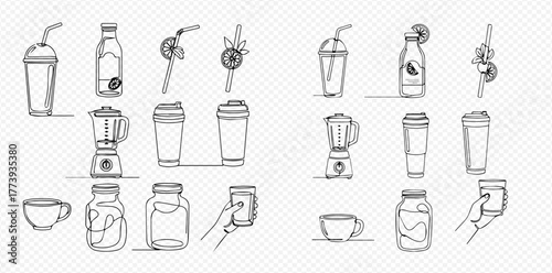 Monochrome line art illustrations of various drink containers, blenders, and accessories like straws and jars, presented as a collection of beverage-related icons.