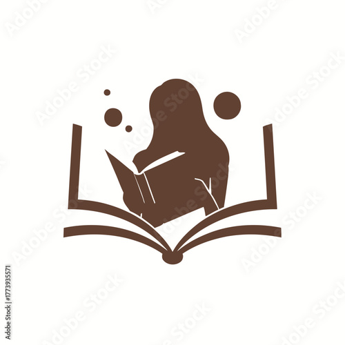 A vector illustration of a woman or student sitting at a table with a book, often used as an icon for reading or study