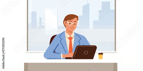 Professional Man Working at Desk with Laptop Vector Illustration