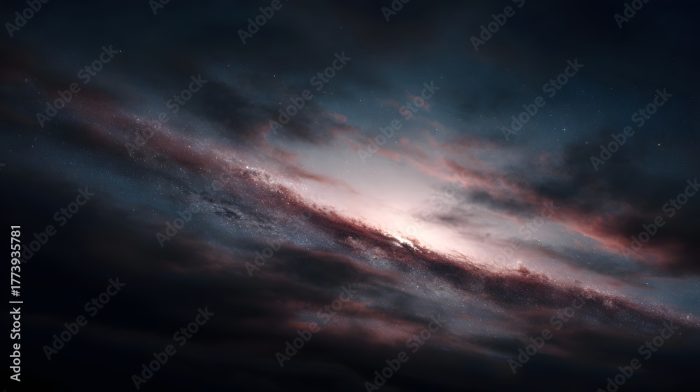 Obraz premium A swirling luminous galaxy with dusty arms and nebulae against a dark cosmic backdrop