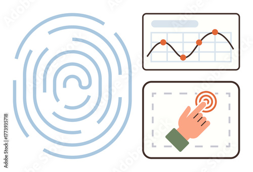 Large fingerprint imprint, data graph with trendline, hand interacting with touchscreen. Ideal for biometrics, cybersecurity, access control, data analysis, authentication, technology innovation
