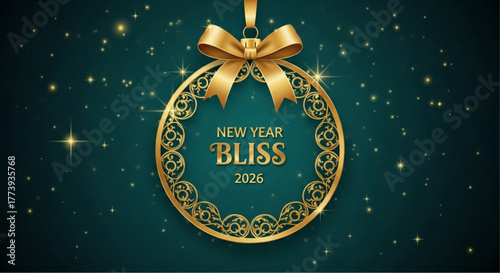 A golden ornament with the inscription New Year Bliss 2026 hangs gracefully, set against a twinkling emerald backdrop of stars, conjuring feelings of hope. vector illustration