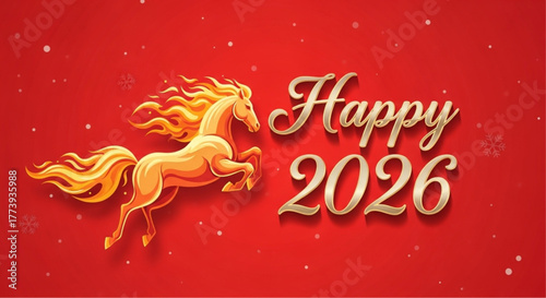 Celebrate the arrival of 2026 with a spirited golden horse. Emblazoned on a rich red backdrop. The image is full of vitality, promising good fortune for the new year.  vector illustration