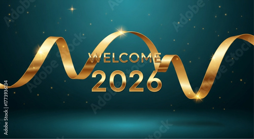 A golden ribbon welcomes the new year 2026, evoking a sense of optimism. This elegantly designed image showcases a gold ribbon with the text Welcome 2026. vector illustration