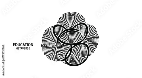 Abstract representation of interconnectedness and individuality through fingerprints and symbolic shapes, suggesting education and digital worlds.