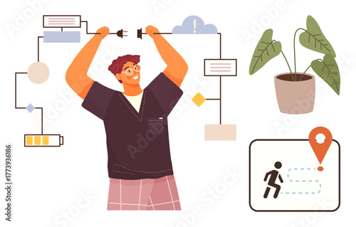 Person connecting flowchart with potted plant, journey map, and battery icon. Ideal for problem-solving, creativity, sustainability, workflow, goal setting energy and project visualization. Simple
