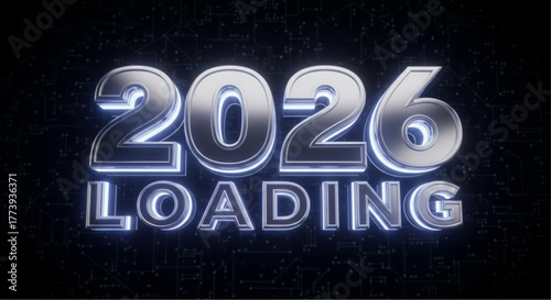 The futuristic graphic showcases the year 2026 with a bold loading message, hinting at the anticipation of future advancements. Perfect for design projects. vector illustration