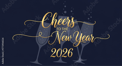 A celebratory image of New Year's eve 2026, the scene captures the essence of joyous toast. Three elegant champagne flutes are arranged with bubbles, the backdrop. vector illustration