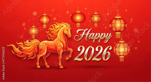 A vibrant, stylized illustration of a fiery horse amidst traditional lanterns, heralding the new year 2026. This festive design embodies energy, prosperity. vector illustration