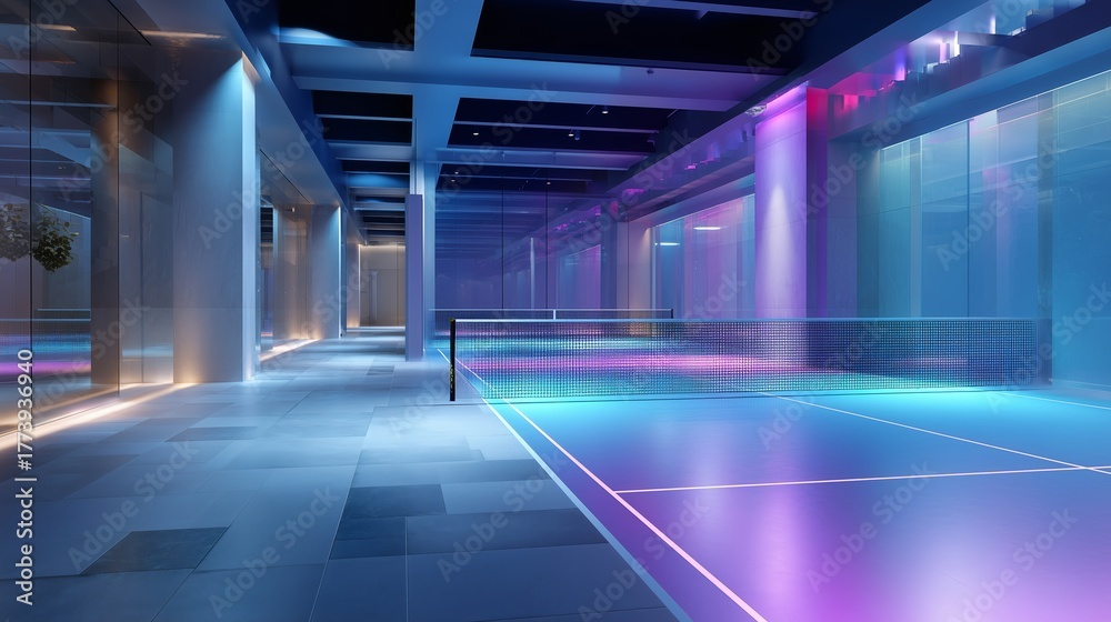 Fototapeta premium Modern indoor tennis court with vibrant lighting and sleek design in a contemporary setting