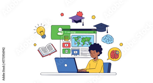 An illustration depicts a young Black male student using a laptop for online learning, surrounded by educational icons and symbols representing knowledge and global connectivity.