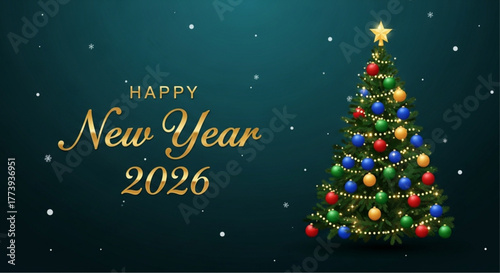 Festive holiday greetings. A decorated Christmas tree. New year 2026 and christmas celebration concept.  vector illustration