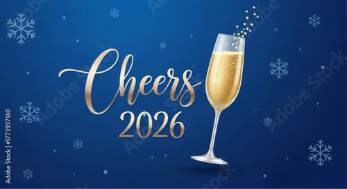 A celebratory champagne glass of sparkling beverage is captured against a serene blue backdrop, creating a sense of joy and anticipation. Cheers to the upcoming year 2026 vector illustration