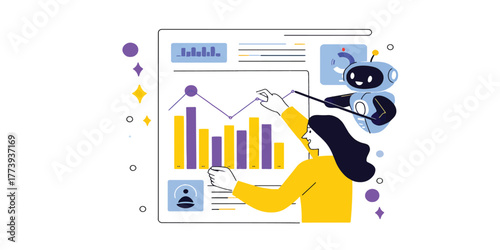 Woman and AI robot analyzing business data analytics dashboard vector illustration