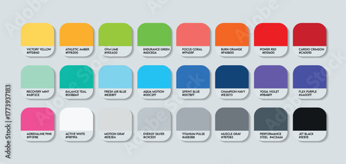 Sports and Fitness Color Palette – Sports catalog sample Themed Color Swatch Guide with HEX Codes. Inspiring Shades for Fitness Adventures. Professional Sports and Fitness Palette Colors Branding arts