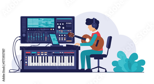 A musician composes and records music in a modern home studio, playing a guitar connected to a mixing board and keyboard, creating digital audio.