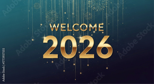 A festive and celebratory graphic welcomes the year 2026, combining elegant typography with a dark, sophisticated backdrop, adorned with glittering elements. vector illustration