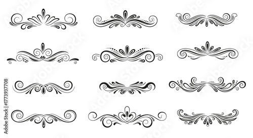 Set of classic ornamental dividers and calligraphic design elements featuring elegant flourishes and swirls, perfect for enhancing borders, headlines, and certificates.