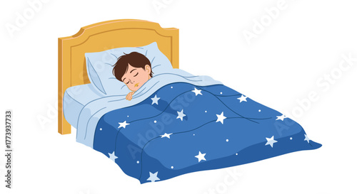 A young child peacefully sleeps in a bed with a wooden headboard, tucked under a blue comforter adorned with white stars, resting on a light blue pillow.