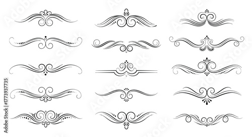 A collection of elegant vintage calligraphic flourish dividers and decorative scroll ornaments in black and white, perfect for design accents and text separators.