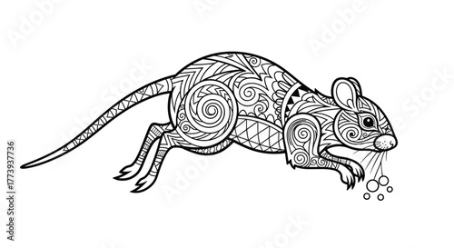 Intricately detailed black and white illustration of a stylized rat, adorned with complex zentangle-inspired patterns, depicted in a dynamic running pose, perfect for adult coloring books.