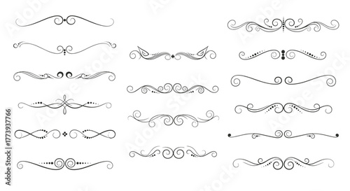 A collection of elegant vintage dividers, ornate flourish lines, and decorative design elements perfect for embellishing text and pages, in a vector style.