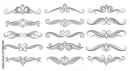 Elegant set of vintage hand-drawn calligraphic dividers and scrollwork, ideal for enhancing text, creating decorative borders, and adding a classic touch to designs.